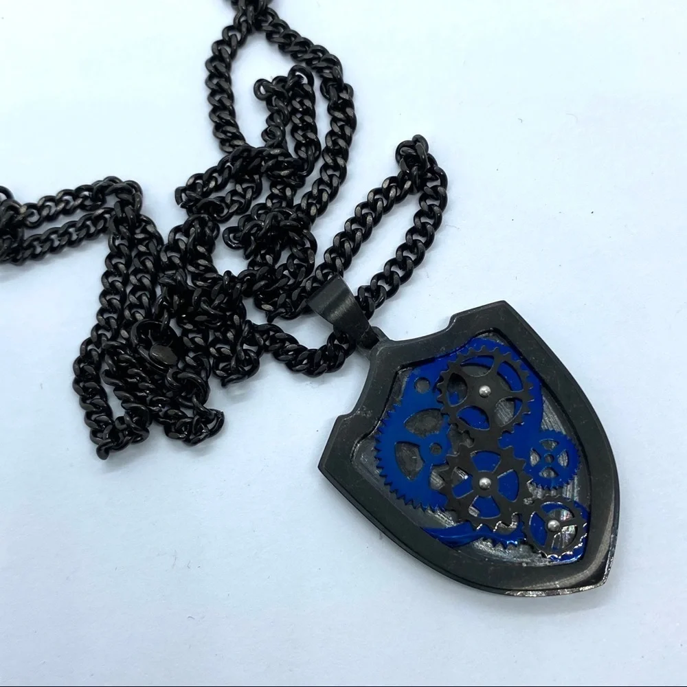 Stainless Steel Shield Gears Black & Blue Men's Necklace
